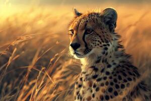 A close up of a cheetah face across the savannah with its coat rippling in the wind - photo