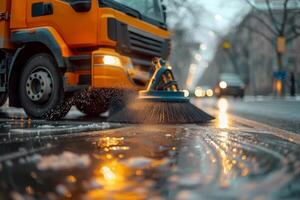 Close-up of a cleaning car sweeping the street. image photo