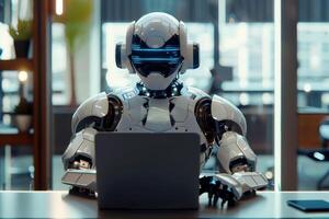 Humanoid AI robot sitting at desk in office typing on laptop. photo