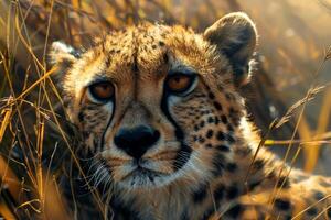 A close up of a cheetah face across the savannah with its coat rippling in the wind - photo