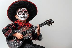 a boy playing guitar who Dressed as Mariachi Musician Entertaining with Lively Music. Day of the dead concept. photo