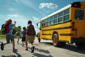 Back to school Children step onto the school bus. photo