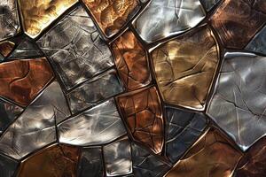 Abstract wide gold metallic texture with geometric triangular 3d triangles pattern wall background banner illustration textured backdrop for design web. photo