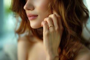 Elegant hand with a fine ring on a pink fabric background, suggesting a subtle moment of grace and beauty. photo
