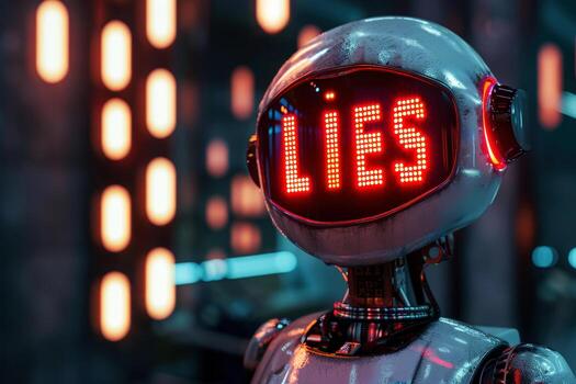 humanoid robot with lies text. symbol of lies concept. photo