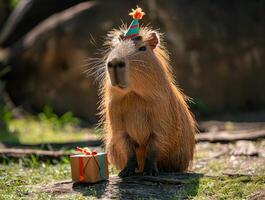 capybara with a party hat to hold present photo