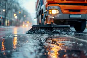 Close-up of a cleaning car sweeping the street. image photo
