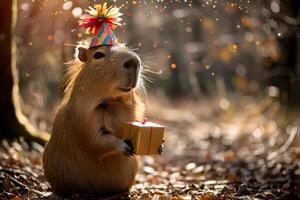capybara with a party hat to hold present photo
