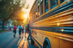 Back to school Children step onto the school bus. photo