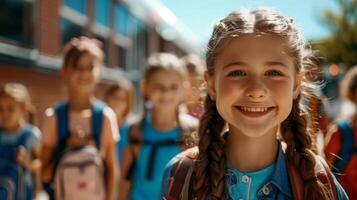 happy children smiling while standing near yellow school bus. back to school concept photo