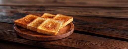 toasted bread sitting on top of a wooden plate in shinning sun background. photo