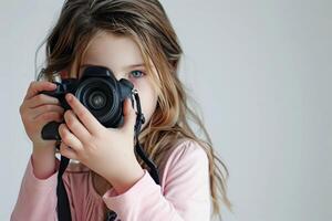 a girl photographer holding DSLR camera take photo , word international photo day concept