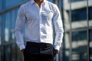 a young man in a white shirt posing in front of for mockup. photo