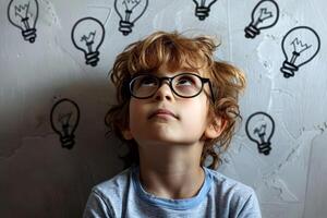 Child look up a light bulb in the classroom, concept of ideas and creativity. photo