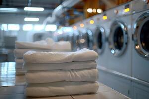 a laundry shop with a pile of white towels next to washing machine. photo