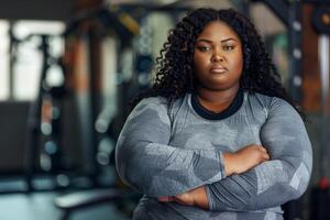 chubby woman exercise at camera in gym, photo