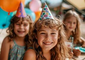Joyful children with party hat at Outdoor in Birthday Party with Balloons . photo