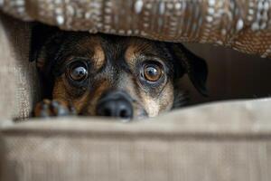 a dog is hiding behind the sofa. photo
