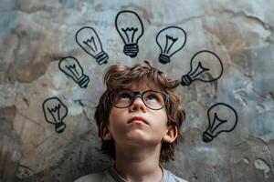 Child look up a light bulb in the classroom, concept of ideas and creativity. photo