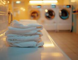 a laundry shop with a pile of white towels next to washing machine. photo