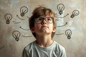Child look up a light bulb in the classroom, concept of ideas and creativity. photo
