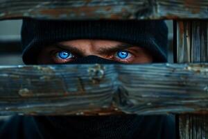 Masked Thief Peering Through Wooden Fence with Intense Blue Eyes. photo