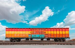A freight train loaded with containers. Theme of logistics and cargo along railway lines. photo