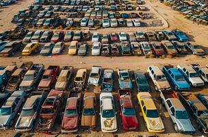 Aerial view of a junkyard filled with crushed and broken cars, highlighting automobile recycling waste disposal and environmental impact in the automotive industry. photo