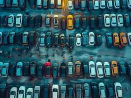Aerial view of a junkyard filled with crushed and broken cars, highlighting automobile recycling waste disposal and environmental impact in the automotive industry. photo