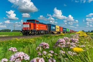 A freight train loaded with containers. Theme of logistics and cargo along railway lines. photo