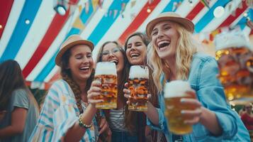 A cheerful group of friends enjoy beer and pretzels at the Oktoberfest festival. Theme of travel and tourism. photo