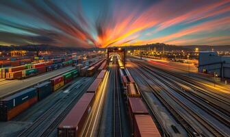 A freight train loaded with containers. Theme of logistics and cargo along railway lines. photo