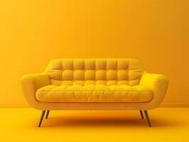 Large yellow soft sofa on a yellow background. Neural network photo