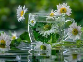 Field chamomile flowers in clear water in a glass. Neural network photo
