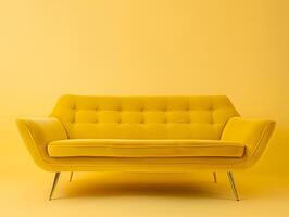 Large yellow soft sofa on a yellow background. Neural network photo