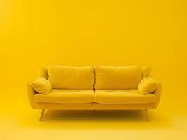 Large yellow soft sofa on a yellow background. Neural network photo