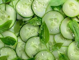 Juicy ripe cucumbers cut into slices in droplets of water. Neural network photo
