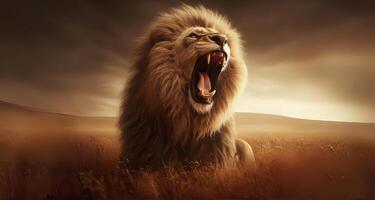 King of lion in savannah field. Illustration Portrait of A male lion roaring in the savanna field. photo