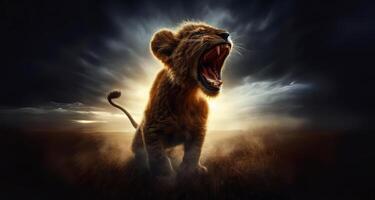 A Little lion cub in savannah field. Illustration Portrait of Little Lion Cub Roar in The Wild, Africa safari photo