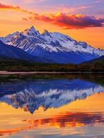 Sunset hues danced on snowcapped mountain peaks photo