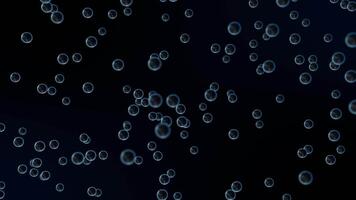 Transparent bubbles stream with light blue reflections in mid-air or underwater atmosphere. Randomly moving spheres on a black background. Dark animation of floating orb shapes. Motion design 4k 60fps video