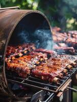 Savory Ribs SlowCooked to Perfection in Rustic Barbecue Smoker photo