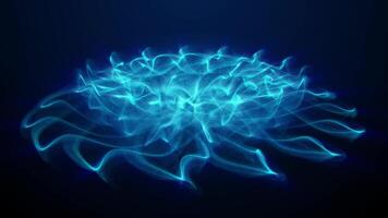 Ethereal flower shaped structure made of dust particle waves with light blue glow effect on a dark background. Spinning astral hologram with transparent petals and cloudy streams inside. 4k 30fps video