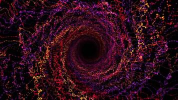 Vibrant and colorful swirl made of bright particle waves spreading on a black background. Tunnel shaped cloudy structure with light yellow, purple and red splashes. Digital art animation. 4k 60 fps video