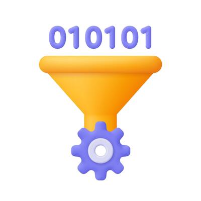 Funnel with binary code and gear. Web Development, code filtration and code assembler. 3d icon. Cartoon minimal style.