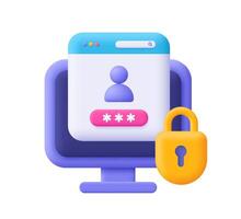 Secure login form page with password on computer and padlock. Sign in to account, safety verification, personal online account protection. 3d icon. Cartoon minimal style. vector
