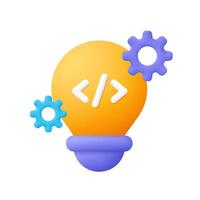 Light bulb with coding sign and gear. Creative coding and development idea concept. 3d icon. Cartoon minimal style. vector