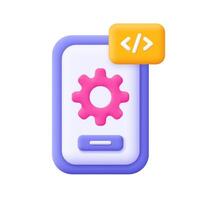 Smartphone with gear and code symbol. Smartphone setting and tools. Development, coding and programming concept. 3d icon. Cartoon minimal style. vector