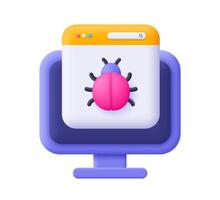 Computer with webpage and bug . Cyber virus, malware. Cyber security concept. 3d icon. Cartoon minimal style. vector