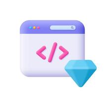 Clean Code. Web page with code and diamond. SEO, programming and coding concept. 3d icon. Cartoon minimal style. vector